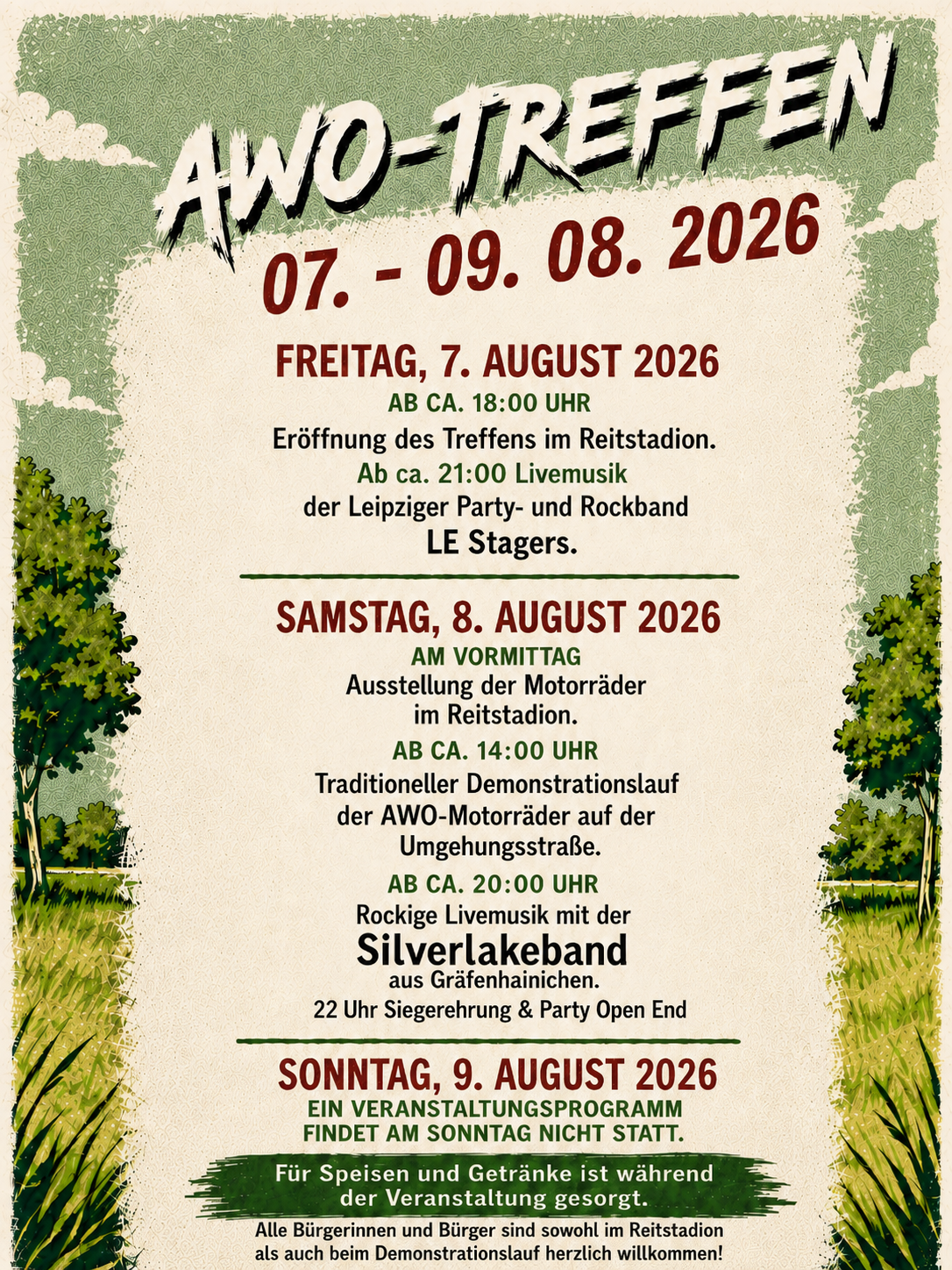 🏍️ Vom 7. bis 9. August findet in Löbnitz das 7. AWO-Motorrad-Treffen statt.

Freut euch auf historische Motorräder, den traditionellen Demonstrationslauf auf der Umgehungsstraße und Livemusik mit den LE Stagers sowie der Silverlakeband. Für Speisen und Getränke ist gesorgt.

Alle Bürgerinnen und Bürger sind im Reitstadion und beim Demonstrationslauf herzlich willkommen!